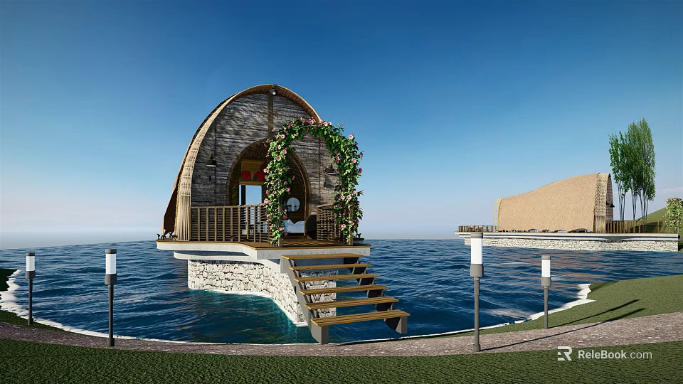 Shell Shaped Over Water Boutique Villa With Wooden Stairs Green Plants And Blue Sky View 3d model 
