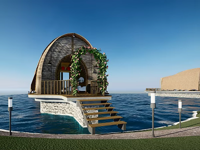 Shell Shaped Over Water Boutique Villa With Wooden Stairs Green Plants And Blue Sky View 3d model