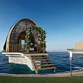 Shell Shaped Over Water Boutique Villa With Wooden Stairs Green Plants And Blue Sky View