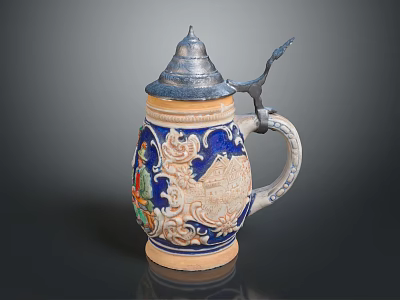 Traditional Decorative Ceramic Beer Stein With Blue Beige Patterns And Lid Design 3d model