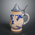 Traditional Decorative Ceramic Beer Stein With Blue Beige Patterns And Lid Design