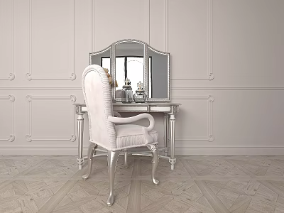 Elegant Silver Mirrored Dressing Table With White Chair And Decorative Wall Panels 3d model