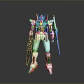 White Blue Red Mecha Robot Character With Shield And Sword Standing On Reflective Gray Background