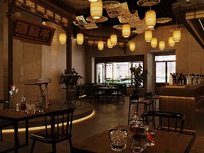 Traditional Chinese-style Bar Interior With Hanging Lanterns Tables Chairs Plants And Windows 3d model