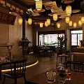 Traditional Chinese-style Bar Interior With Hanging Lanterns Tables Chairs Plants And Windows