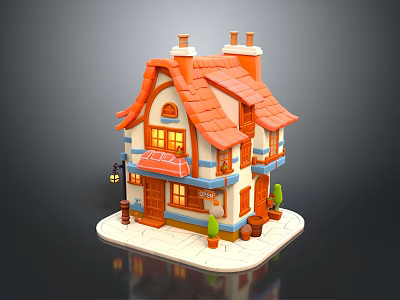 Cartoon Style Miniature House Model With Red Roof Orange Walls Lit Windows And Street Lamp 3d model