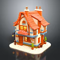 Cartoon Style Miniature House Model With Red Roof Orange Walls Lit Windows And Street Lamp