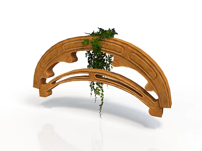 Curved Wooden Structure with Carved Patterns and Green Plants Hanging from Top 3d model