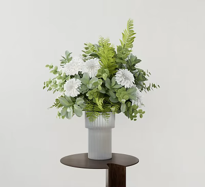 Decorative Ornament Arrangement With Green Ferns White Flowers In Gray Vase On Small Dark Table 3d model