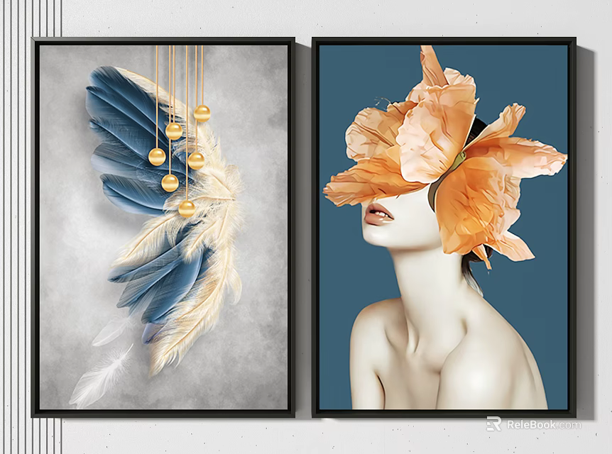 Decorative Wall Art Paintings Featuring Feather Golden Beads And Orange Flower Female Portrait 3d model 