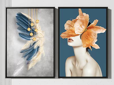 Decorative Wall Art Paintings Featuring Feather Golden Beads And Orange Flower Female Portrait 3d model