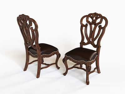 Classic Dark Wooden Dining Chairs With Carved Design And Black Leather Seats 3d model