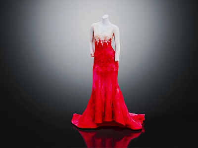 Mannequin Wearing Elegant Red Gradient Gown With Lace Embroidery And Flowing Train Against Dark Background 3d model