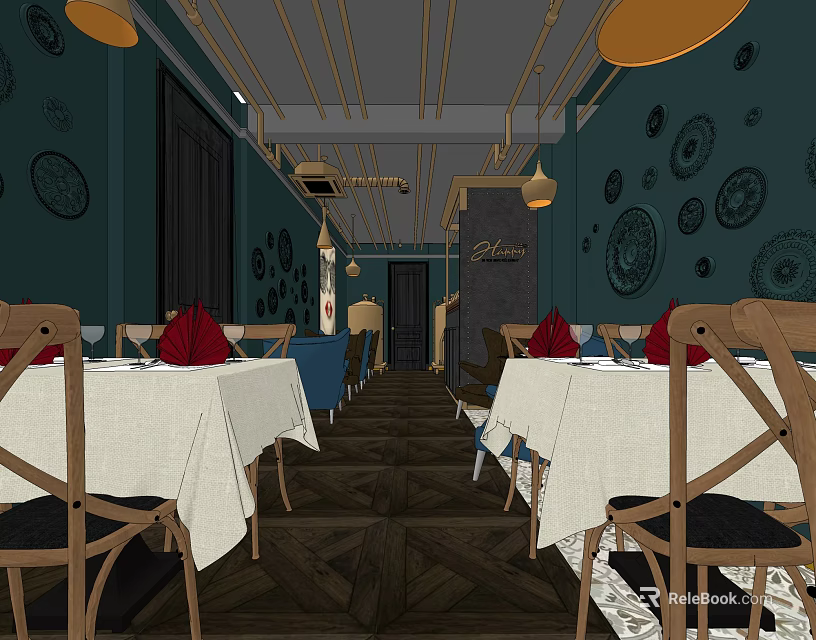 Charming Restaurant Interior With Teal Walls Circular Decorations Pendant Lights And Wooden Dining Tables 3d model 