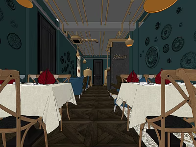 Charming Restaurant Interior With Teal Walls Circular Decorations Pendant Lights And Wooden Dining Tables 3d model