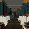 Charming Restaurant Interior With Teal Walls Circular Decorations Pendant Lights And Wooden Dining Tables