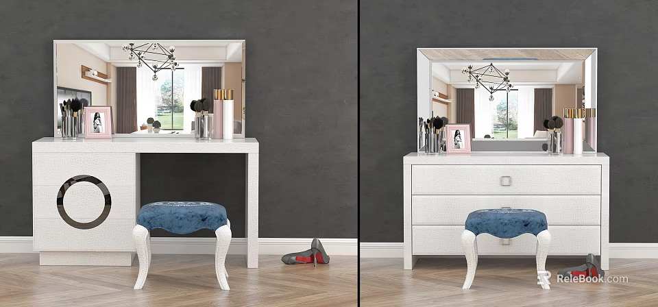 Modern White Dressing Table With Mirror Blue Stool And Cosmetics Brushes 3d model