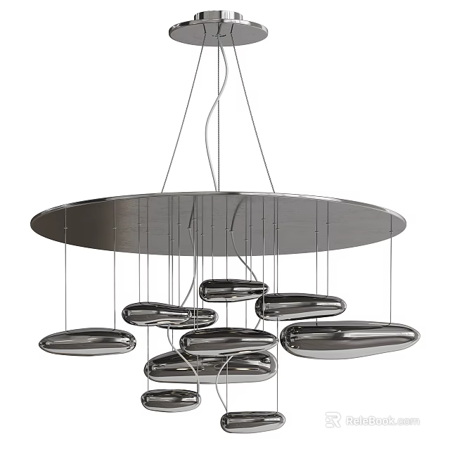 Modern Silver Chandelier With Multiple Oval Shaped Lights And Hanging Metal Frame 3d model 