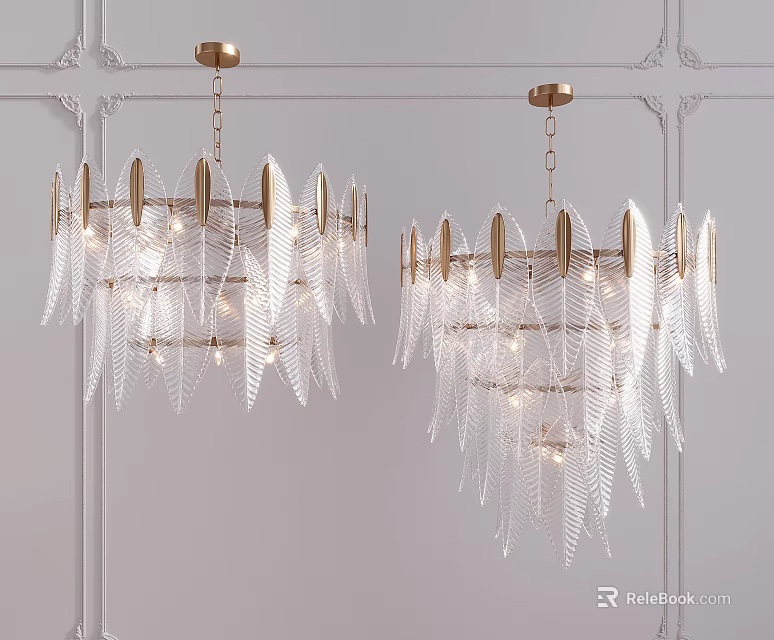 Modern Feather Design Chandeliers With Transparent Material And Golden Metal Accents 3d model 