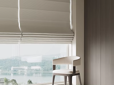 Modern Roman Blinds in Neutral Tones Framing Window with Scenic View and Chair 3d model
