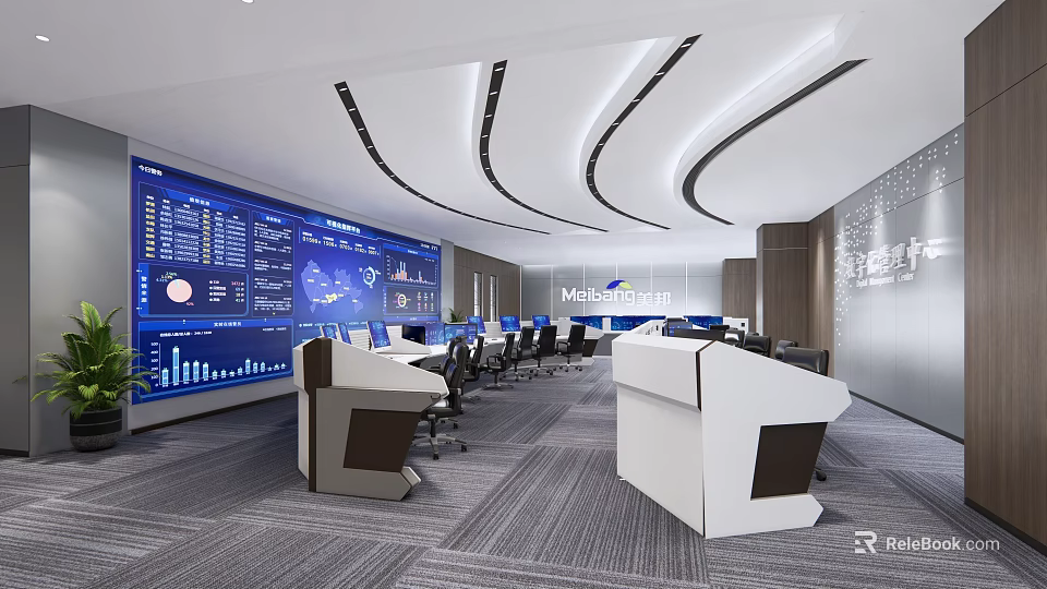 Modern Control Room Interior Design with Large Digital Screens Data Displays Workstations and Technical Equipment 3d model 