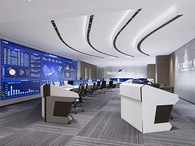 Modern Control Room Interior Design with Large Digital Screens Data Displays Workstations and Technical Equipment 3d model