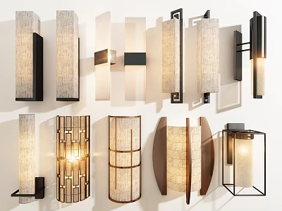 Stylish Wall Sconces In Various Modern Designs With Fabric Shades And Metal Accents 3d model