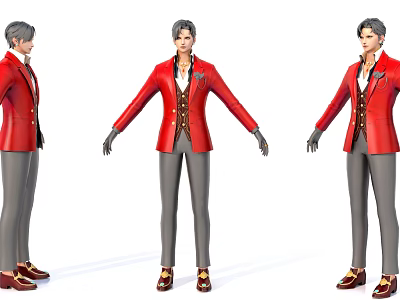 Man in Red Coat Gray Pants and Brown Shoes Standing Pose Three Angles 3d model