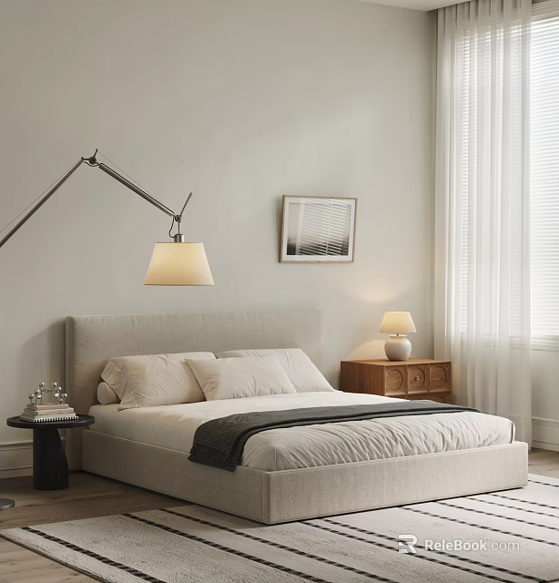Minimalist Double Bed Light Gray Headboard Pillows Blanket Wooden Nightstand Floor Lamp White Blinds 3d model 