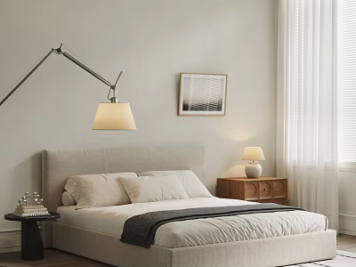 Minimalist Double Bed Light Gray Headboard Pillows Blanket Wooden Nightstand Floor Lamp White Blinds 3d model