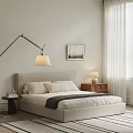 Minimalist Double Bed Light Gray Headboard Pillows Blanket Wooden Nightstand Floor Lamp White Blinds