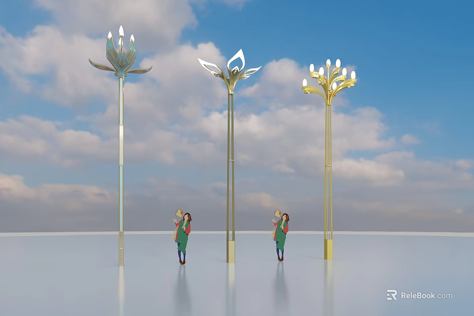 Lotus Shaped Outdoor Lights with Elegant Silver and Gold Metal Poles Design 3d model 