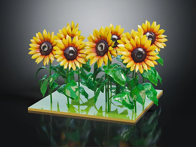 Cluster Of Vibrant Yellow Sunflowers With Dark Centers And Green Leaves On Green Base 3d model