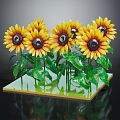 Cluster Of Vibrant Yellow Sunflowers With Dark Centers And Green Leaves On Green Base