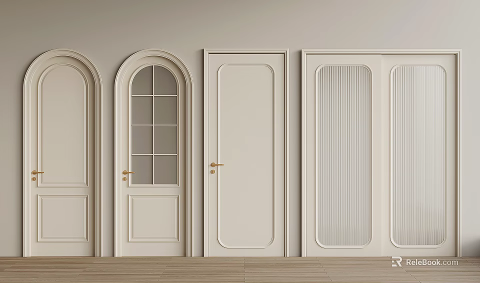 Cream White Hinged Doors With Various Designs Arched Top Glass Panels And Ribbed Patterns 3d model 
