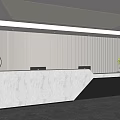 Modern Reception Desk With Marble Countertop Black Base Striped Wall Ceiling Light And Potted Plant