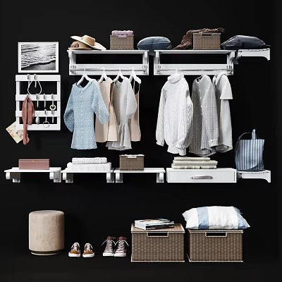 Modern White Wall Mounted Clothes Hangers Holding Shirts Sweaters And Storage Baskets 3d model