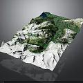 3D Terrain Model with Snow Covered Peaks Green Valleys and Blue Lake Detailed Topographic Relief