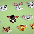 Colorful Cartoon Animal Heads Collection with Various Animals on Green Background