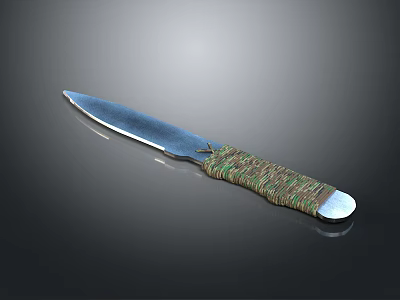 Handcrafted Tactical Knife With Blue Sharp Blade And Green Brown Braided Rope Handle 3d model