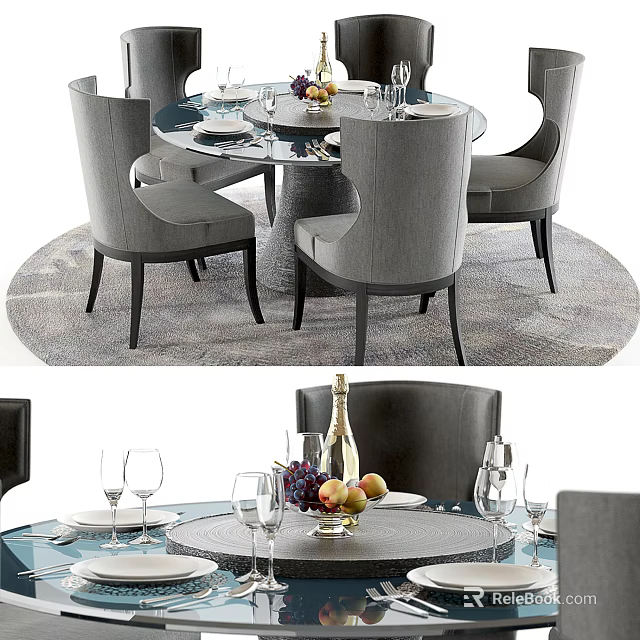 Elegant Modern Dining Table Set With Round Glass Top Grey Chairs Fruit And Wine Glasses 3d model 