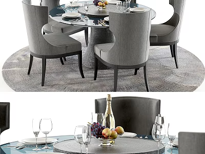 Elegant Modern Dining Table Set With Round Glass Top Grey Chairs Fruit And Wine Glasses 3d model