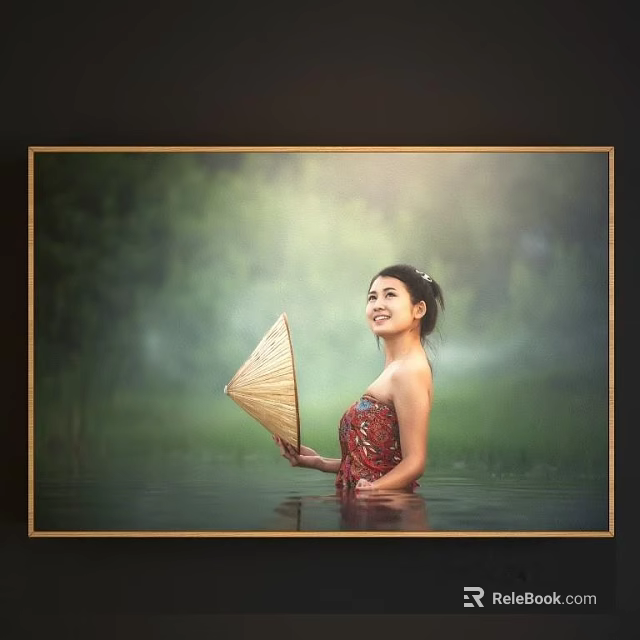 Portrait Painting of Woman in Red Traditional Dress Holding Fan in Water with Green Background 3d model 
