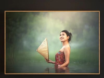 Portrait Painting of Woman in Red Traditional Dress Holding Fan in Water with Green Background 3d model