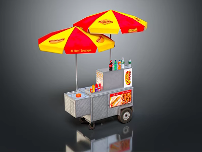 Mobile Food Cart With Red Yellow Umbrellas Bottled Drinks And Food 3d model
