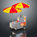 Mobile Food Cart With Red Yellow Umbrellas Bottled Drinks And Food