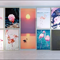 Flamingo Animal Paintings with Various Poses Feather Details and Sunset Background for Wall Decor
