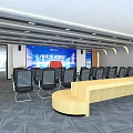 Modern Conference Room Interior Design With Large Screen Chairs And Wooden Long Table