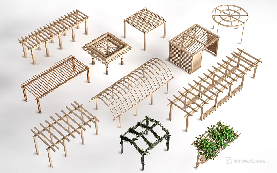 Various Wooden Pergola Designs with Square Round and Arch Shapes for Outdoor Garden 3d model 