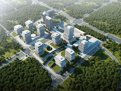 Aerial View Urban Planning with Modern High Rise Buildings and Green Spaces 3d model